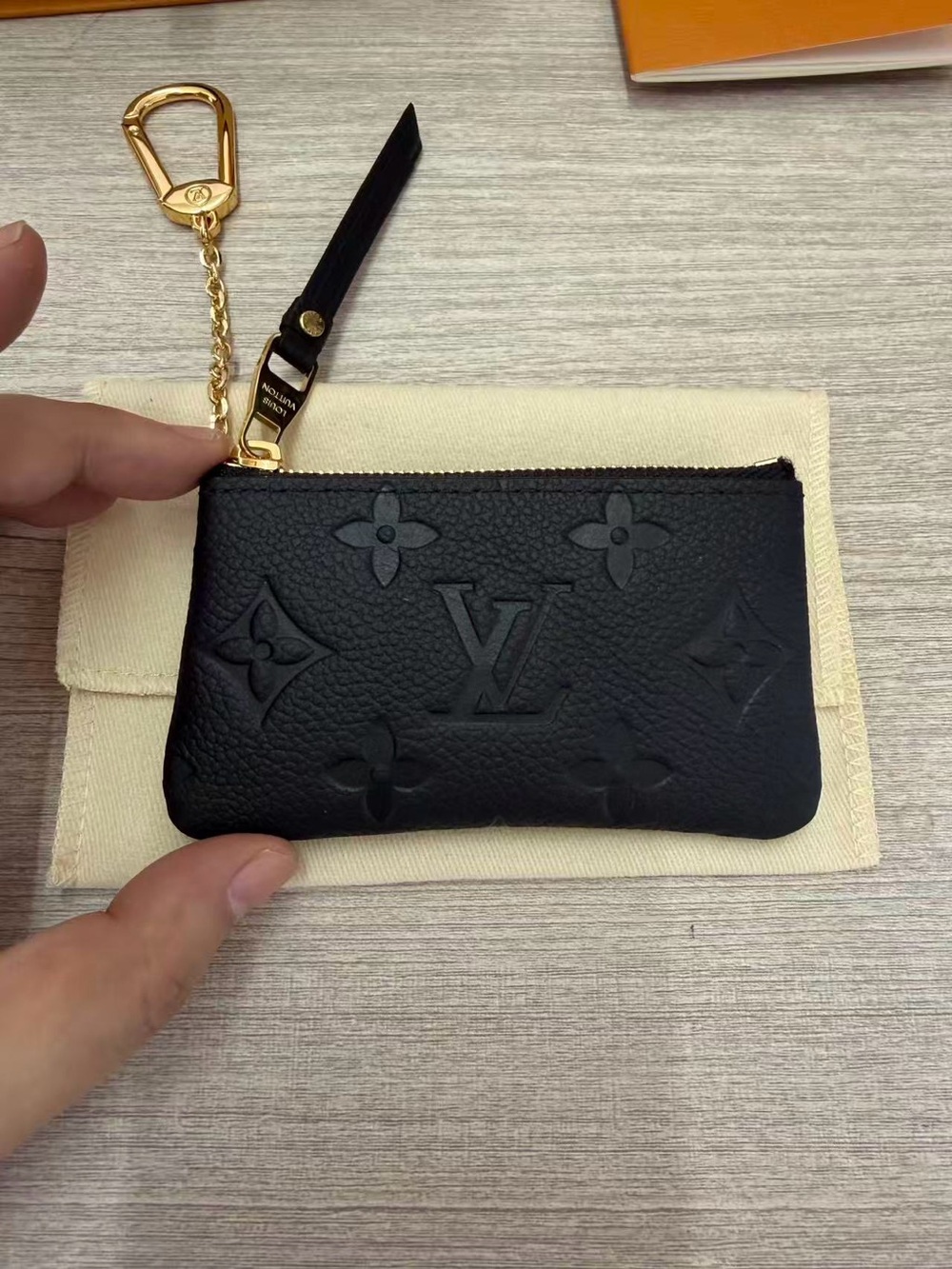 Louis Vuitton Black Embossed Monogram Key & Card Pouch with Gold Chain Strap